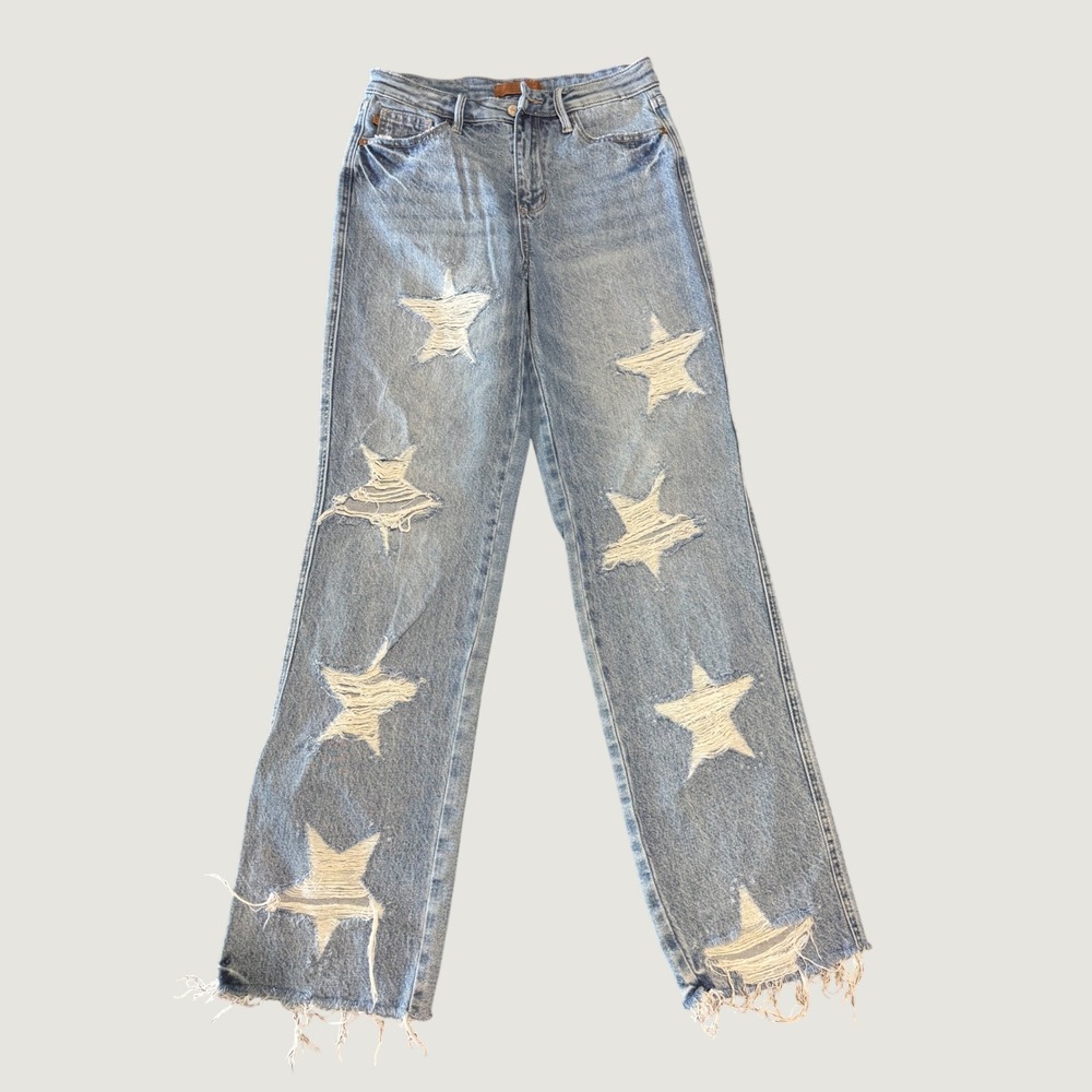 Judy Blue Star Distressed Jeans Womens 5/27 Light Wash Cotton Straight Leg Rodeo